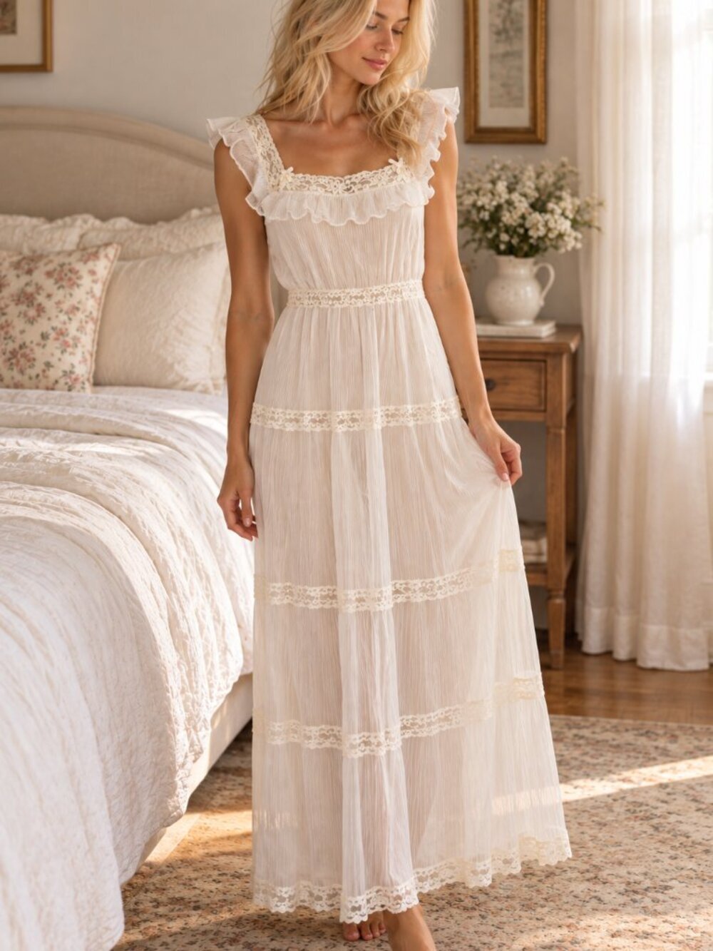 Vintage  60's Peignoir Negligee Lingerie Sheer Nighie White Lace Size Large